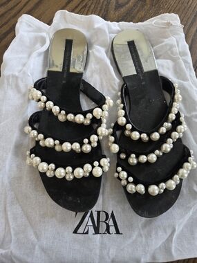 Zara Black Multi-Strap Flat Sandals with Pearl Accents